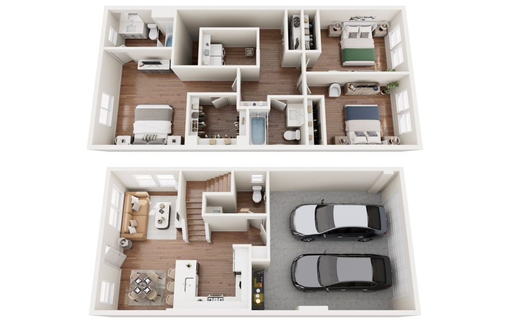 2ADA - 3 bedroom floorplan layout with 2.5 bathrooms and 1376 square feet (Floor 1, 3D)