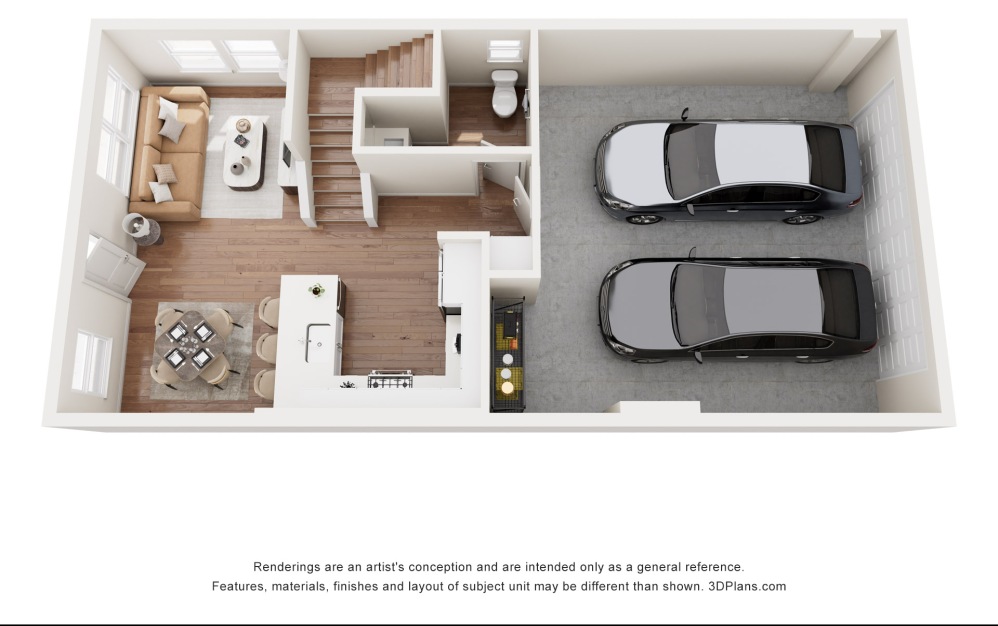 2ADA - 3 bedroom floorplan layout with 2.5 bathrooms and 1376 square feet (Floor 3, 3D)