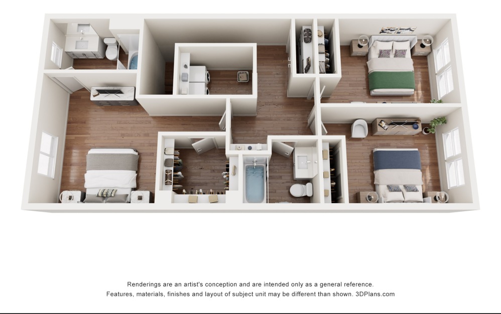 2ADA - 3 bedroom floorplan layout with 2.5 bathrooms and 1376 square feet (Floor 2, 3D)