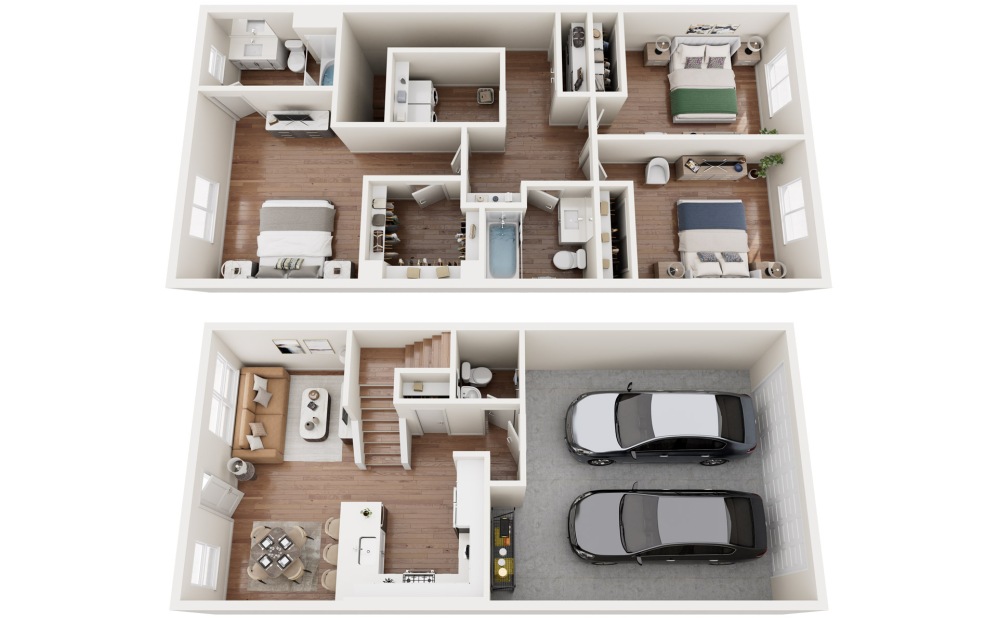 2A - 3 bedroom floorplan layout with 2.5 bathrooms and 1376 square feet (Floor 1, 3D)