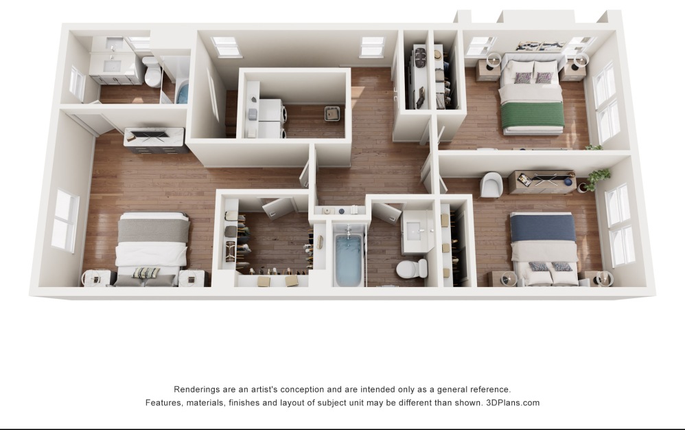 2B - 3 bedroom floorplan layout with 2.5 bathrooms and 1376 square feet (Floor 2, 3D)