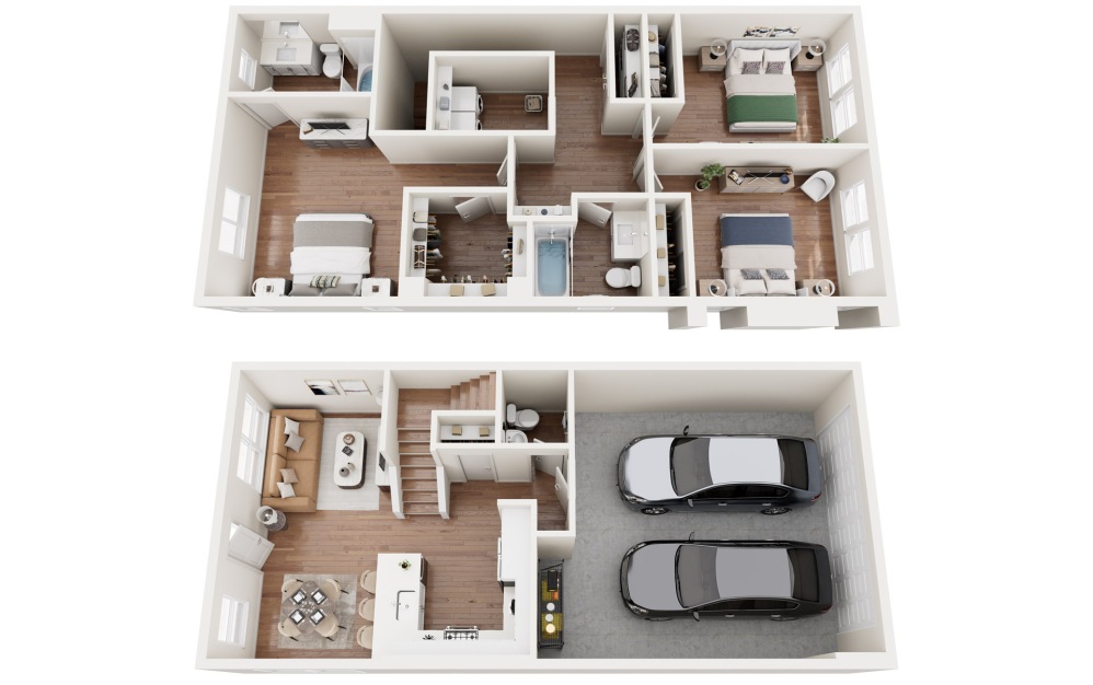 2C - 3 bedroom floorplan layout with 2.5 bathrooms and 1376 square feet (Floor 1, 3D)
