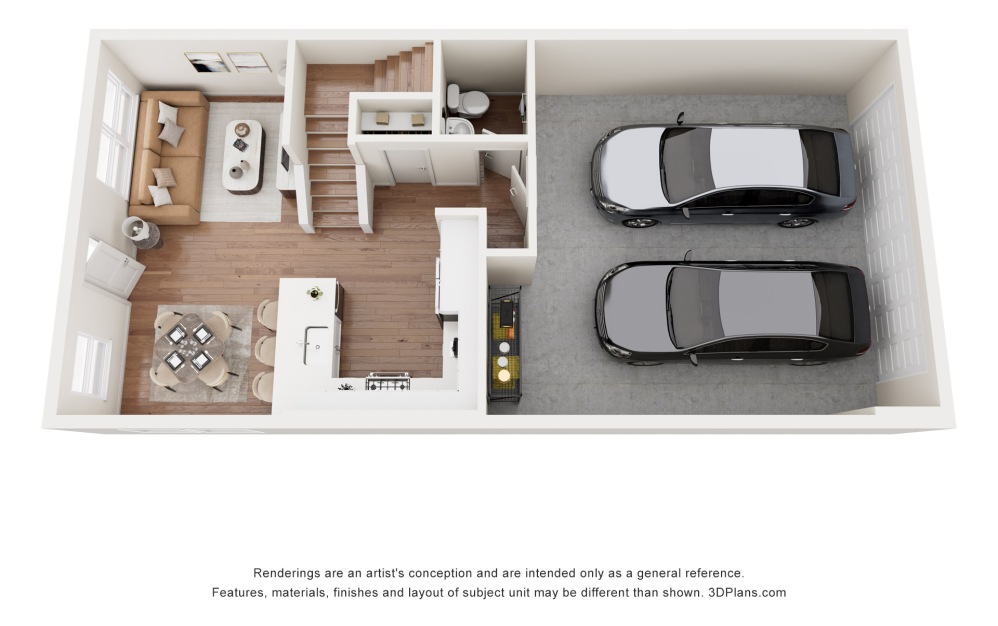 2C - 3 bedroom floorplan layout with 2.5 bathrooms and 1376 square feet (Floor 3, 3D)