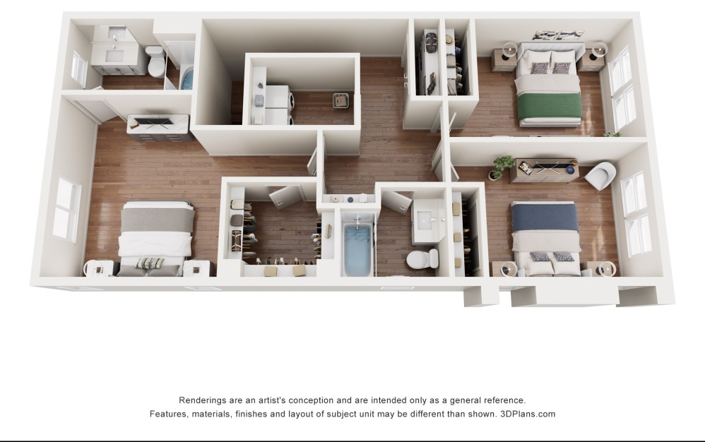2C - 3 bedroom floorplan layout with 2.5 bathrooms and 1376 square feet (Floor 2, 3D)