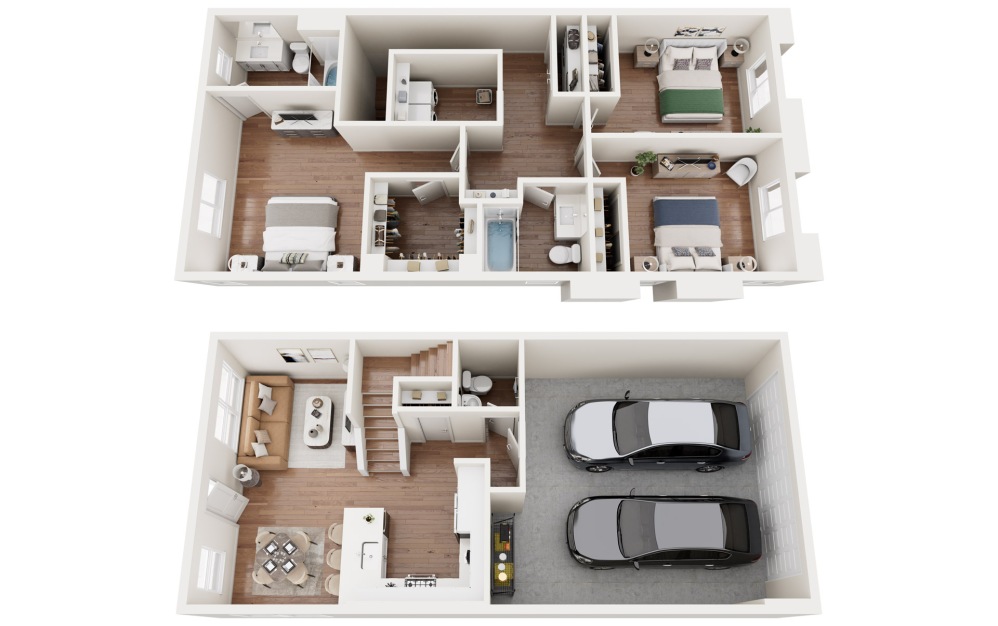 2D - 3 bedroom floorplan layout with 2.5 bathrooms and 1376 square feet (Floor 1, 3D)