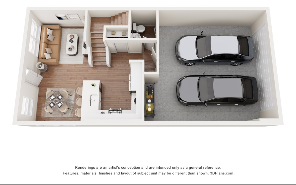 2D - 3 bedroom floorplan layout with 2.5 bathrooms and 1376 square feet (Floor 3, 3D)