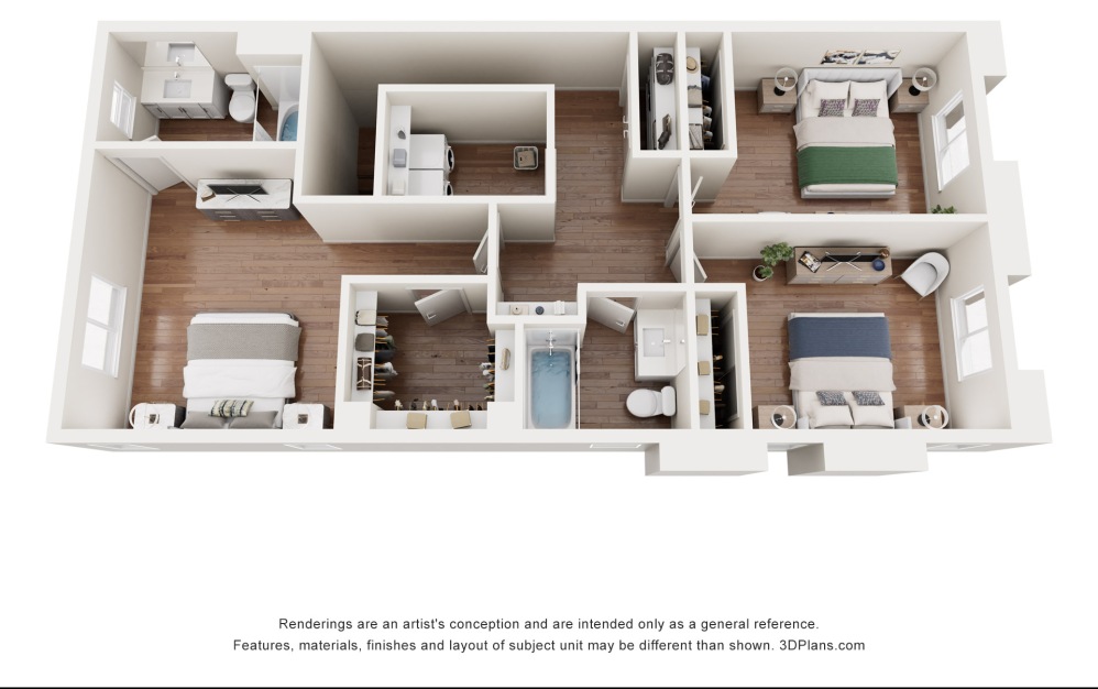 2D - 3 bedroom floorplan layout with 2.5 bathrooms and 1376 square feet (Floor 2, 3D)
