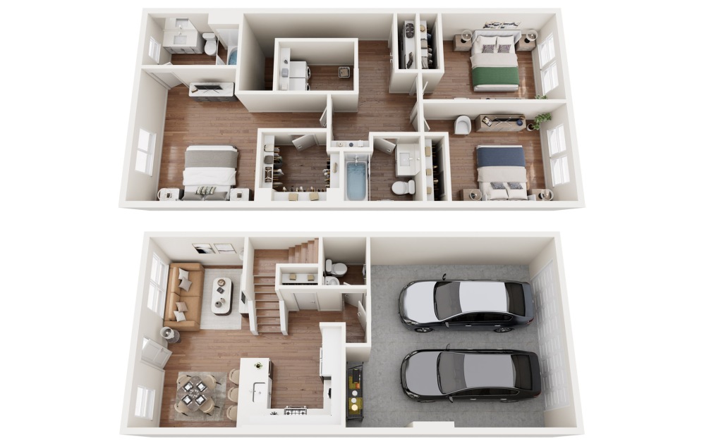 2 - 3 bedroom floorplan layout with 2.5 bathrooms and 1376 square feet (Floor 1, 3D)
