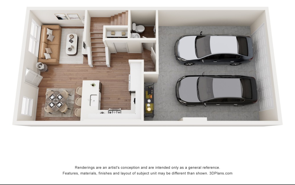 2 - 3 bedroom floorplan layout with 2.5 bathrooms and 1376 square feet (Floor 3, 3D)